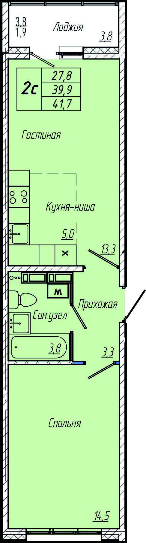 Однокомнатная квартира, 41.80 кв.м. - Жилой комплекс 