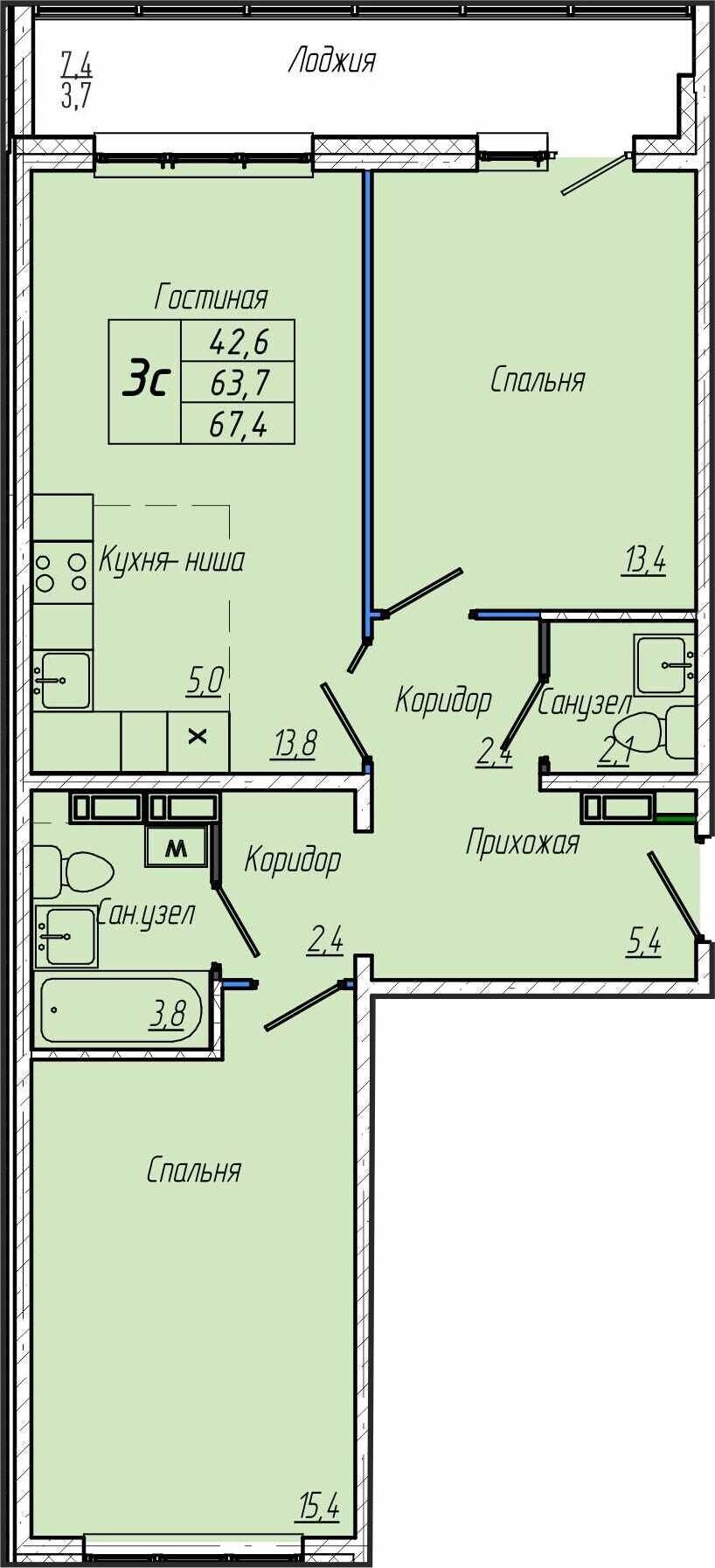 Двухкомнатная квартира, 67.40 кв.м. - Жилой комплекс 